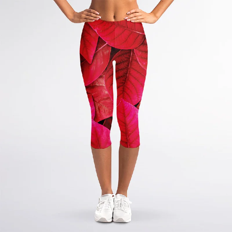 Referral Discount Red Leaf Print Women's Capri Leggings