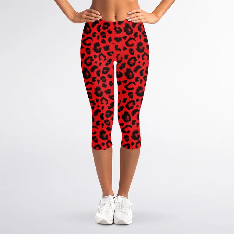 Blowout Sale Red Leopard Print Women's Capri Leggings