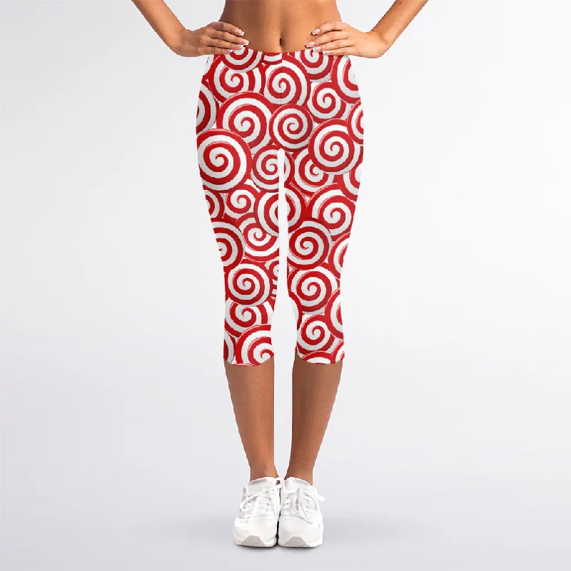 Limited Time Discount Red Lollipop Candy Pattern Print Women's Capri Leggings