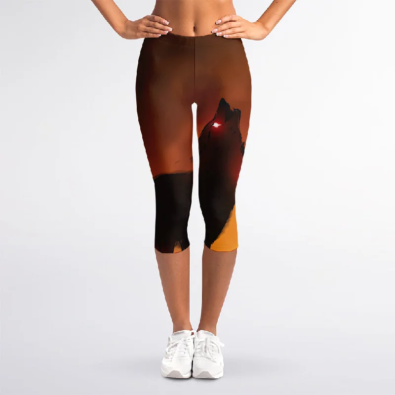 Today’s Special Red Moon Howling Wolf Print Women's Capri Leggings