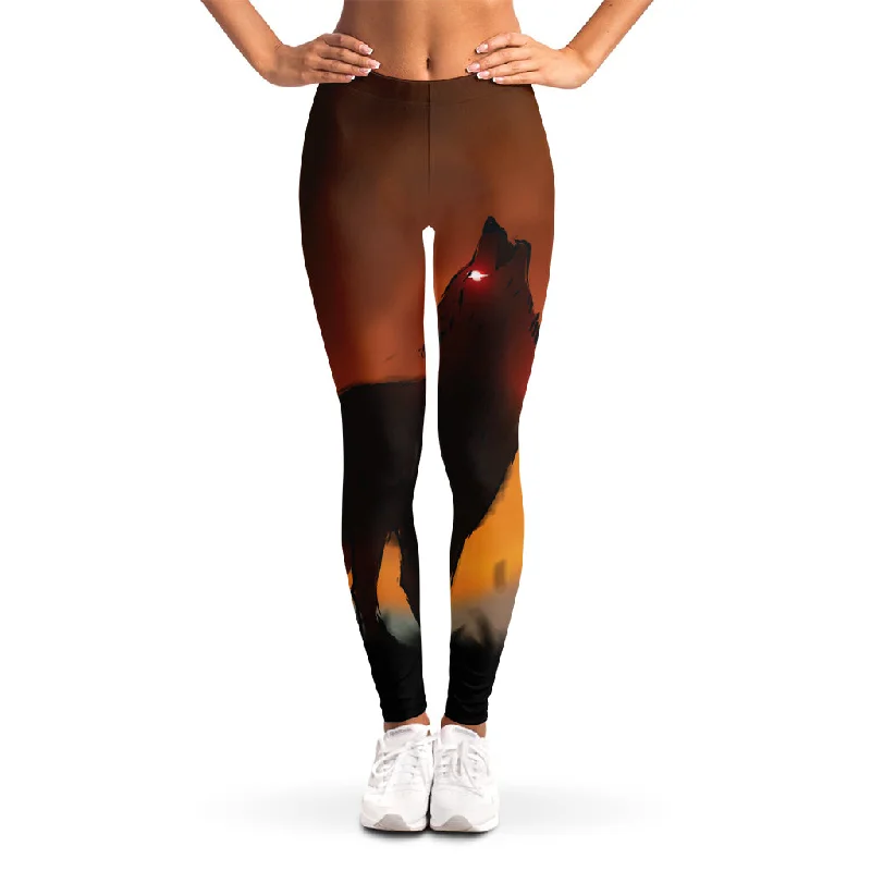Lowest Price Red Moon Howling Wolf Print Women's Leggings