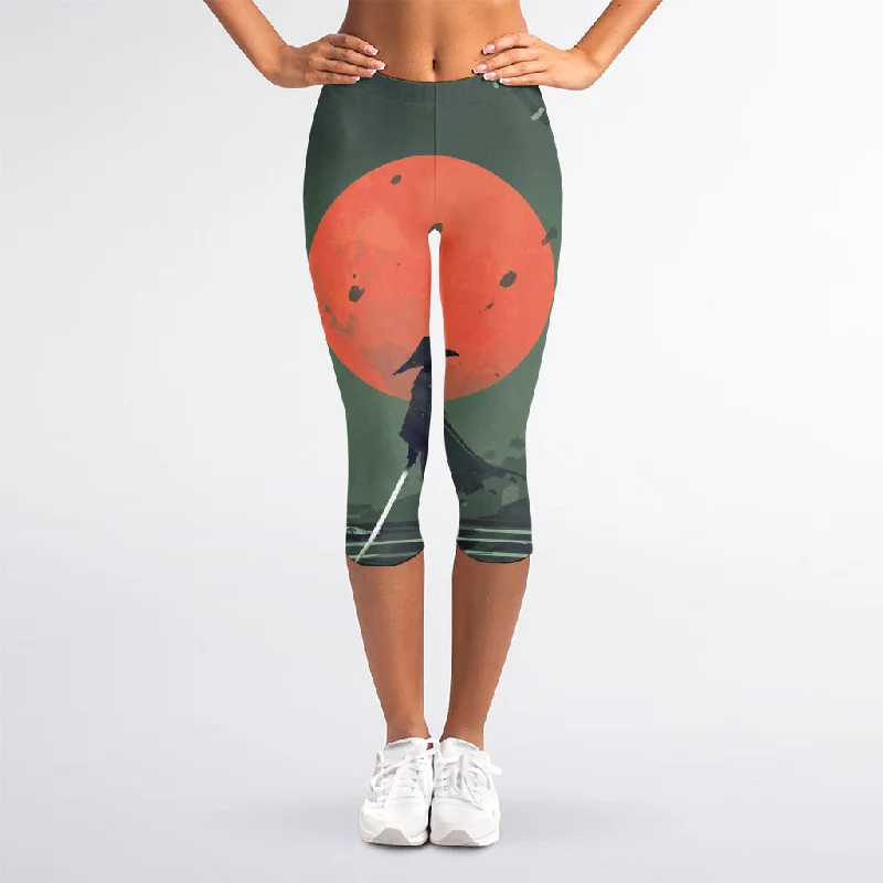 Grand Opening Sale Red Moon Samurai Print Women's Capri Leggings
