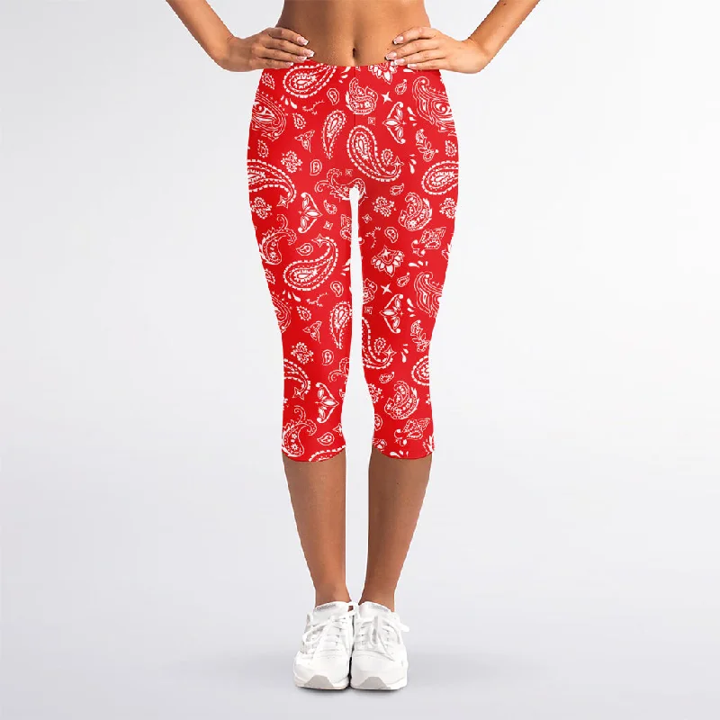 Midnight Sale Red Paisley Bandana Pattern Print Women's Capri Leggings