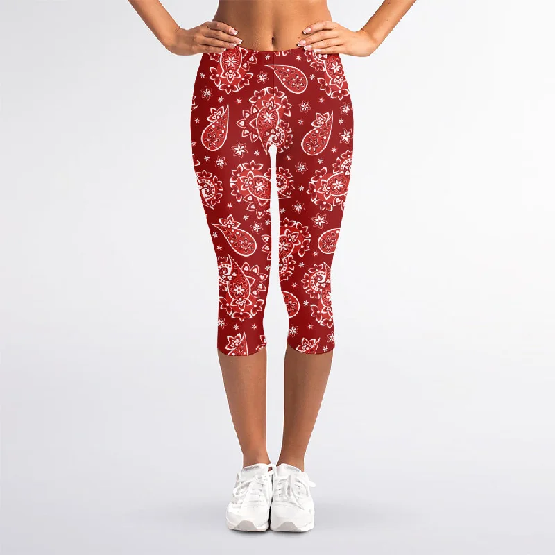 Act Now Red Paisley Pattern Print Women's Capri Leggings