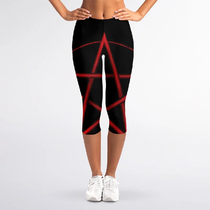 Buy More, Save More Red Pentagram Symbol Print Women's Capri Leggings