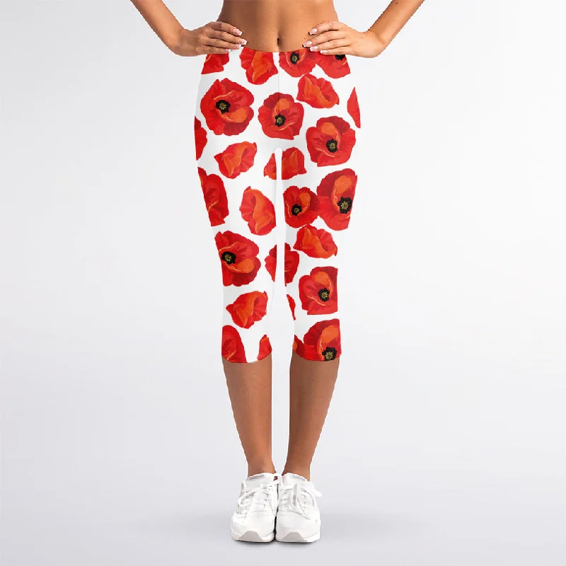Mega Sale Red Poppy Pattern Print Women's Capri Leggings