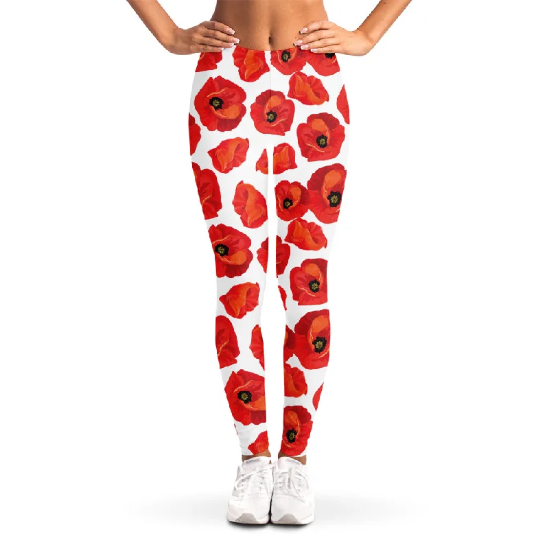 Exclusive Savings Red Poppy Pattern Print Women's Leggings