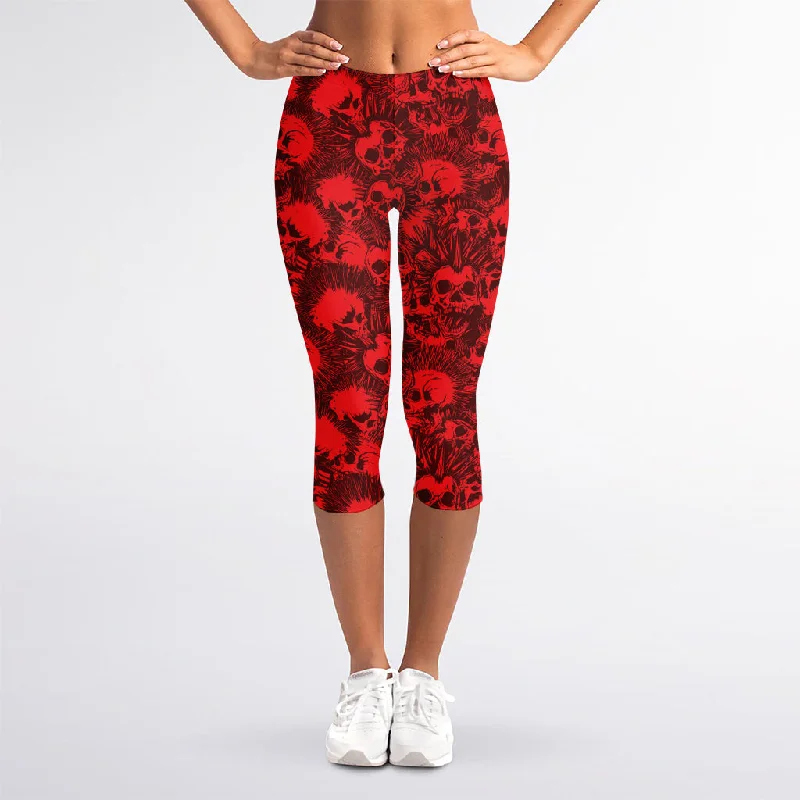 While Supplies Last Red Punk Skull Pattern Print Women's Capri Leggings