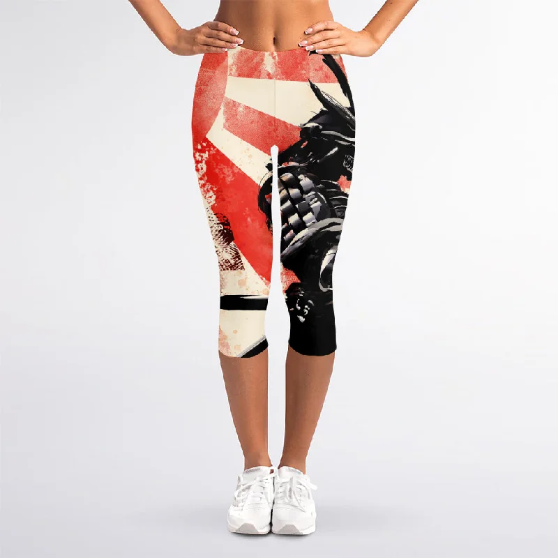 Deal of the Day Red Rising Sun Samurai Print Women's Capri Leggings