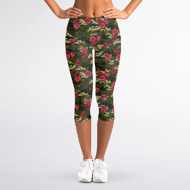 Today Only Red Rose Flower Camouflage Print Women's Capri Leggings