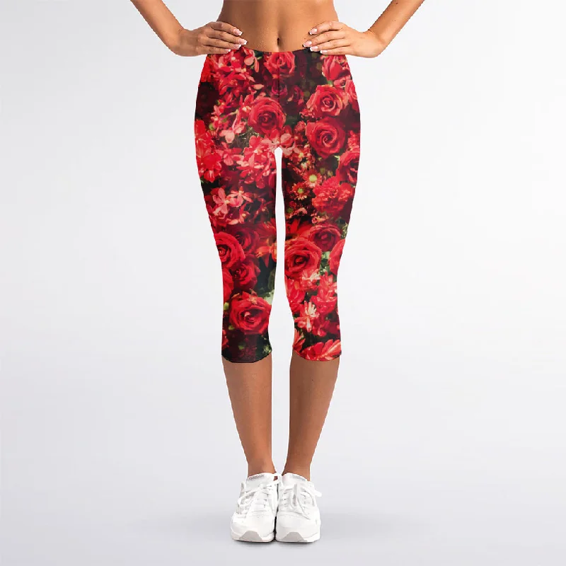 Clearance Sale Red Rose Flower Print Women's Capri Leggings