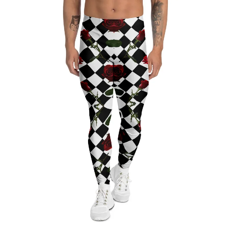 Deal Frenzy Red Roses And Argyle Print Pattern Men's Leggings