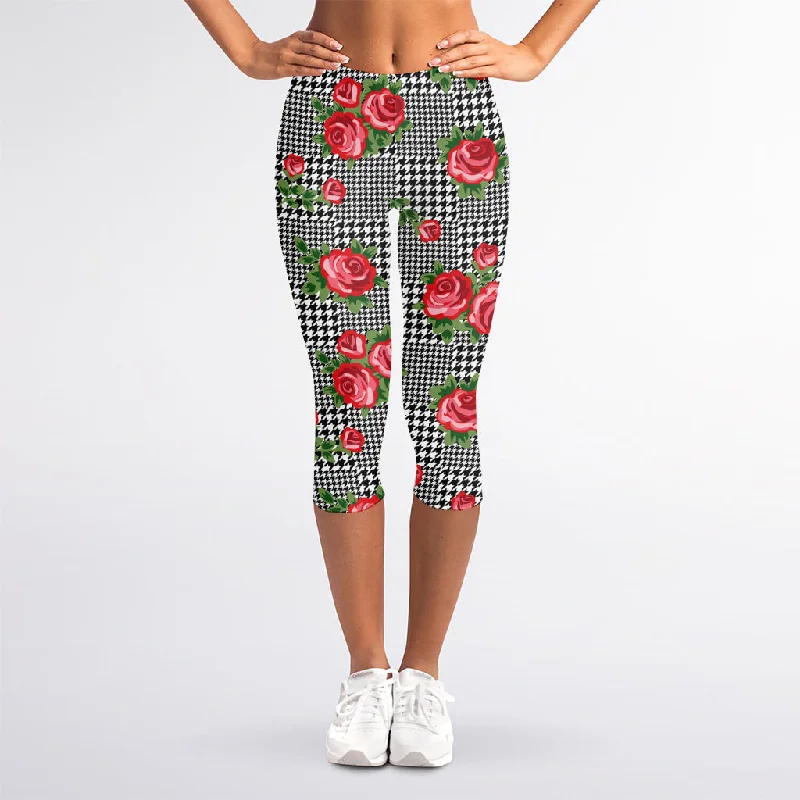 Year-End Clearance Red Roses Houndstooth Pattern Print Women's Capri Leggings