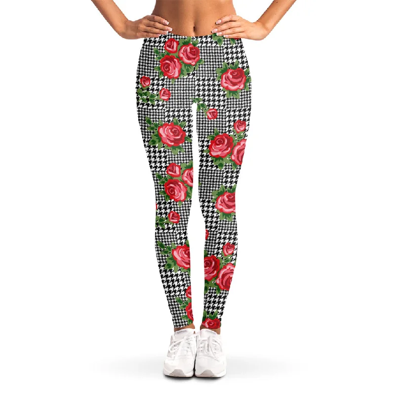 Price Drop Alert Red Roses Houndstooth Pattern Print Women's Leggings