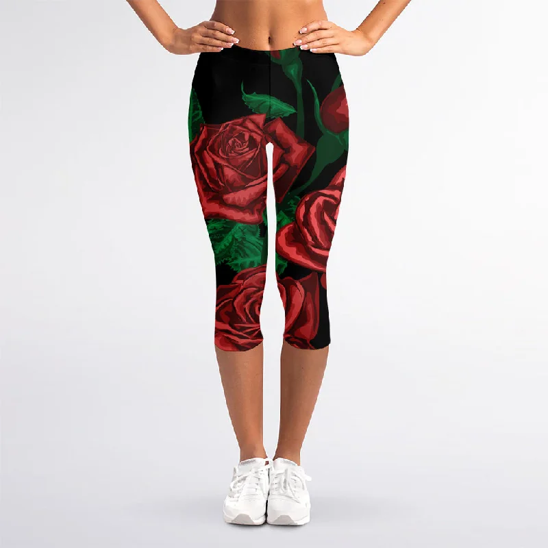 The Best Prices Red Roses Tattoo Print Women's Capri Leggings