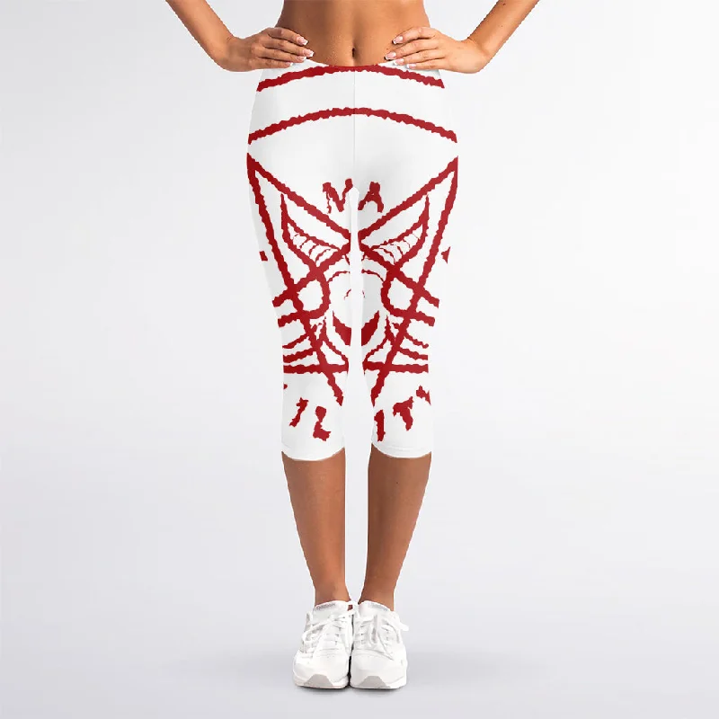 Today’s Deal Red Satanic Pentagram Symbol Print Women's Capri Leggings