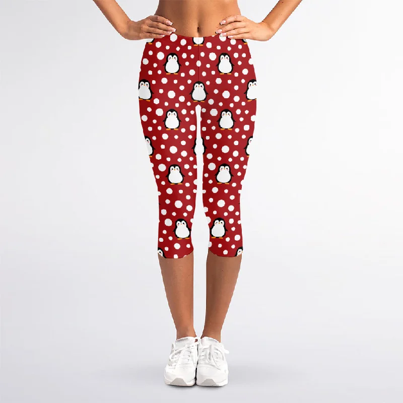Special Price Red Snow Penguin Pattern Print Women's Capri Leggings