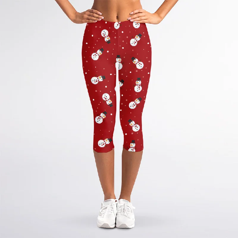Shop and Save Red Snowman Pattern Print Women's Capri Leggings