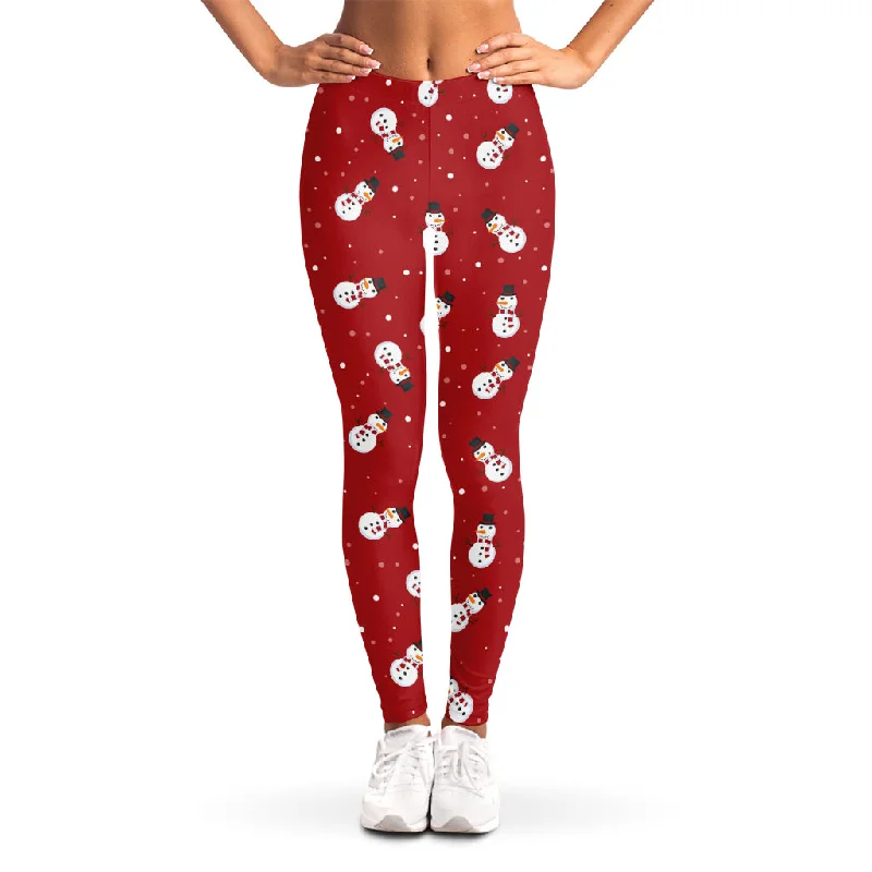 Overstock Sale Red Snowman Pattern Print Women's Leggings