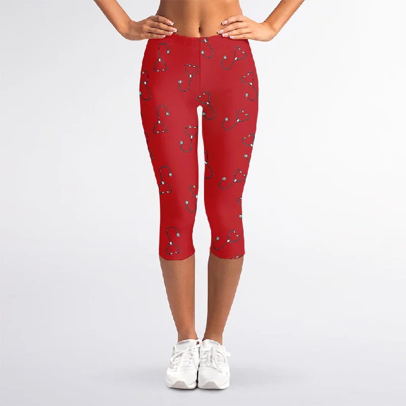 Price Rollback Red Stethoscope Pattern Print Women's Capri Leggings