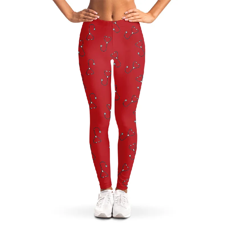 Seasonal Clearance Red Stethoscope Pattern Print Women's Leggings