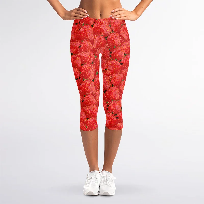 New Markdowns Red Strawberry Pattern Print Women's Capri Leggings