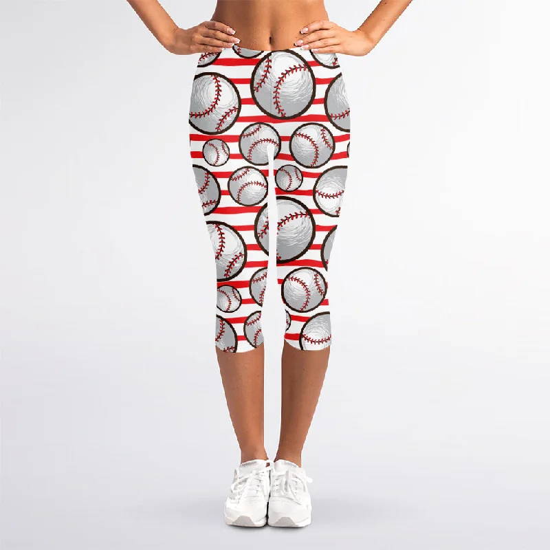 Limited Availability Red Striped Baseball Pattern Print Women's Capri Leggings