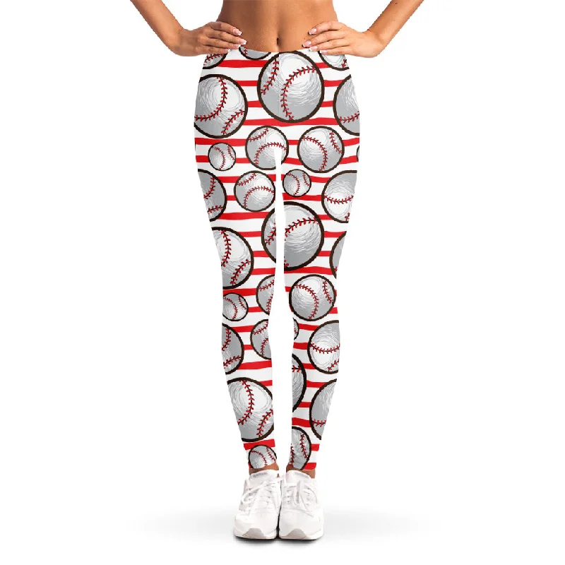 Online Exclusive Red Striped Baseball Pattern Print Women's Leggings