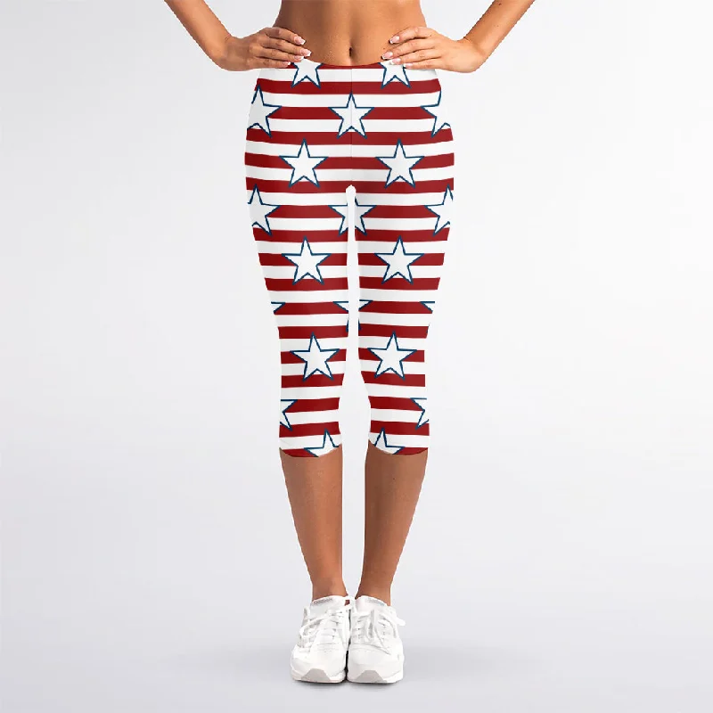 Epic Deals Red Striped USA Star Pattern Print Women's Capri Leggings