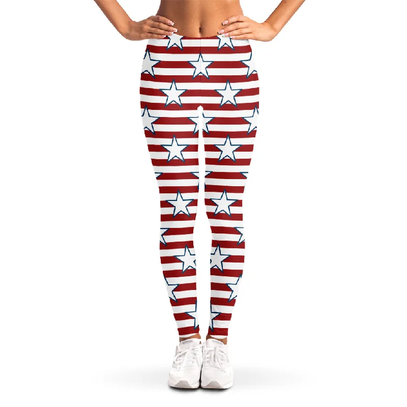 Don’t Miss Out Red Striped USA Star Pattern Print Women's Leggings