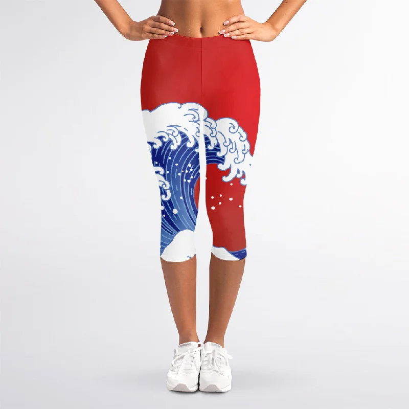 Final Markdown Red Sun Japanese Wave Print Women's Capri Leggings