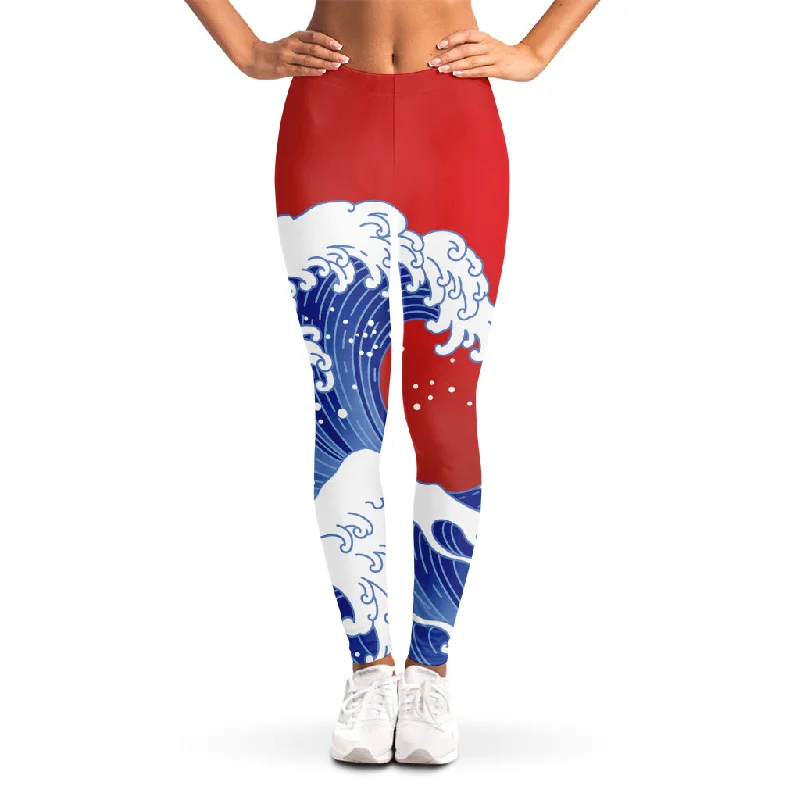 Special Savings Red Sun Japanese Wave Print Women's Leggings