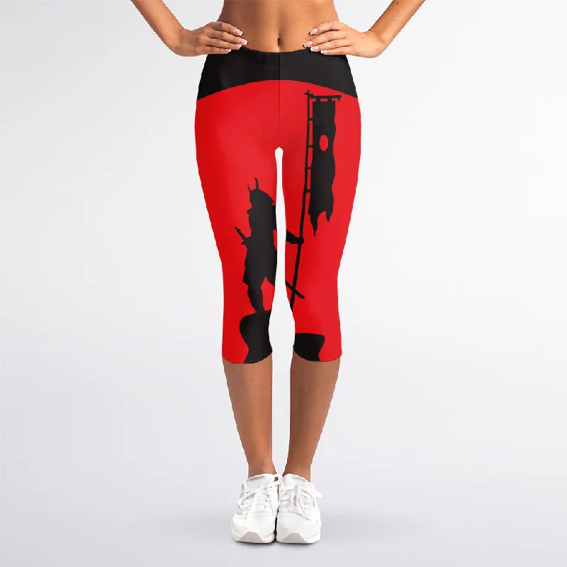 Huge Discounts Red Sun Samurai Print Women's Capri Leggings
