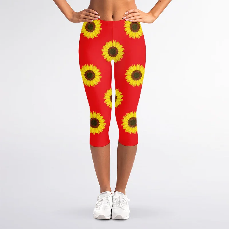 Fantastic Offers Red Sunflower Pattern Print Women's Capri Leggings