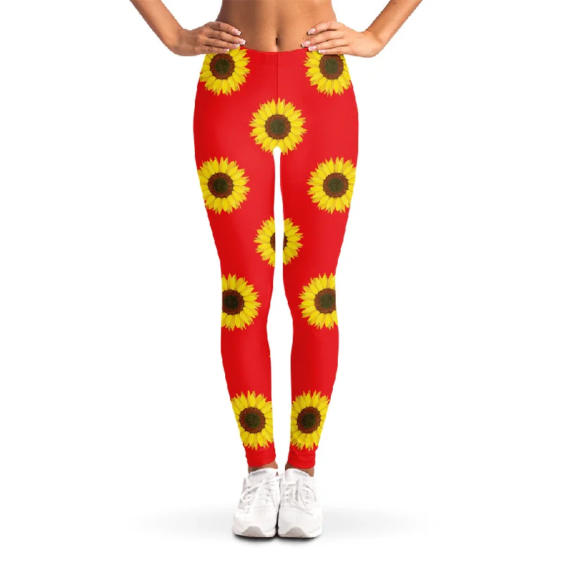 Doorbuster Deal Red Sunflower Pattern Print Women's Leggings