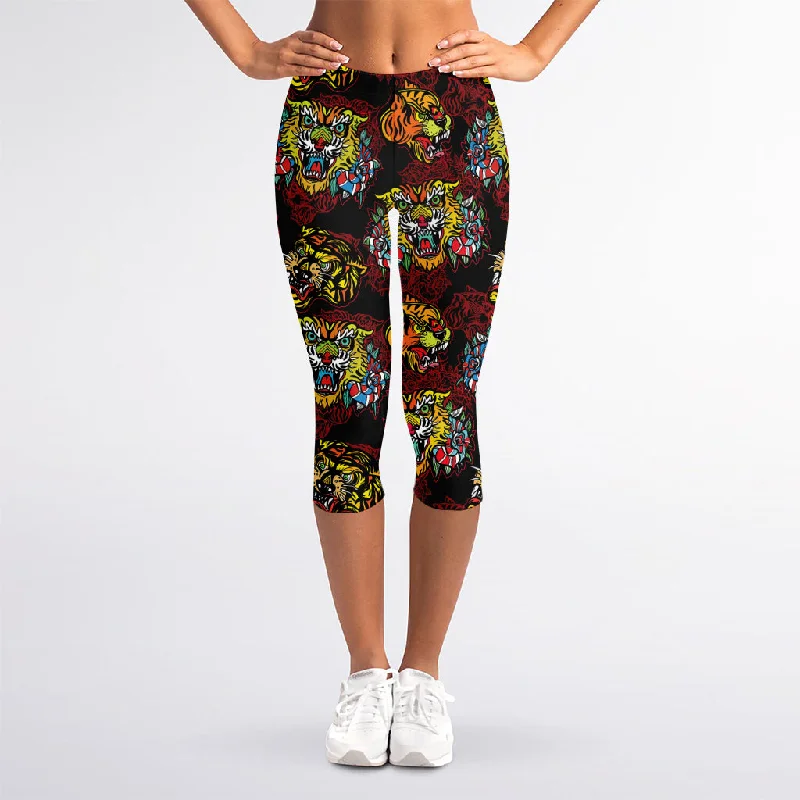 One-DAY Sale Red Tiger Tattoo Pattern Print Women's Capri Leggings