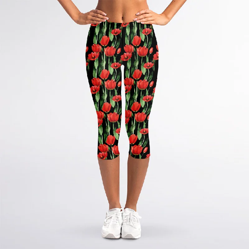 Amazing Deals Red Watercolor Tulip Pattern Print Women's Capri Leggings