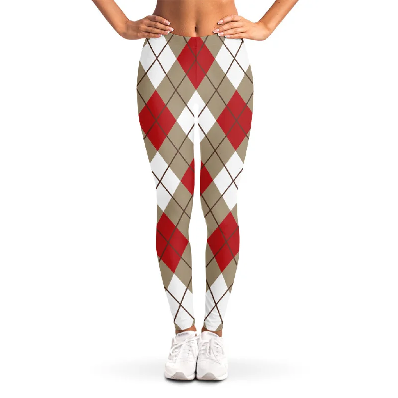 Last Chance Red White And Beige Argyle Pattern Print Women's Leggings