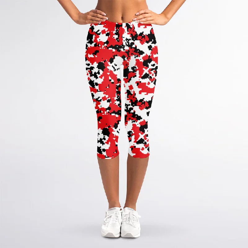 Today's Special Red White And Black Digital Camo Print Women's Capri Leggings