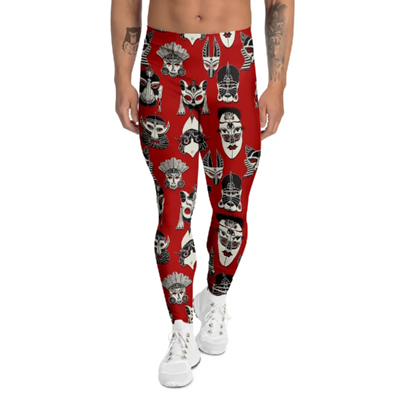 Holiday Sale Red White Tribal Mask Print Pattern Men's Leggings