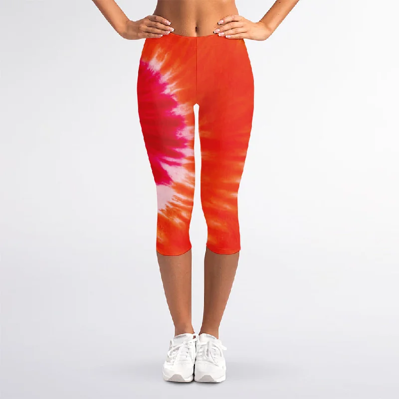 Huge Savings Red Yellow And Orange Tie Dye Print Women's Capri Leggings