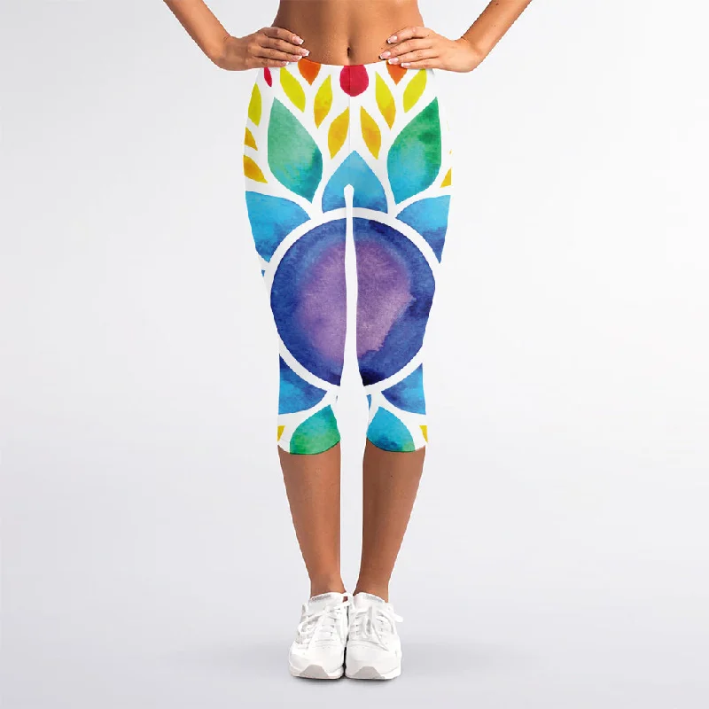 Exclusive Offers Reiki Chakra Flower Print Women's Capri Leggings