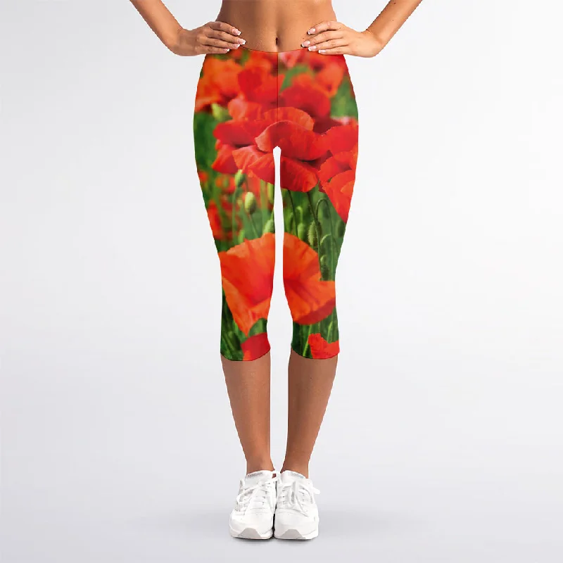 Crazy Savings Remembrance Day Poppy Print Women's Capri Leggings