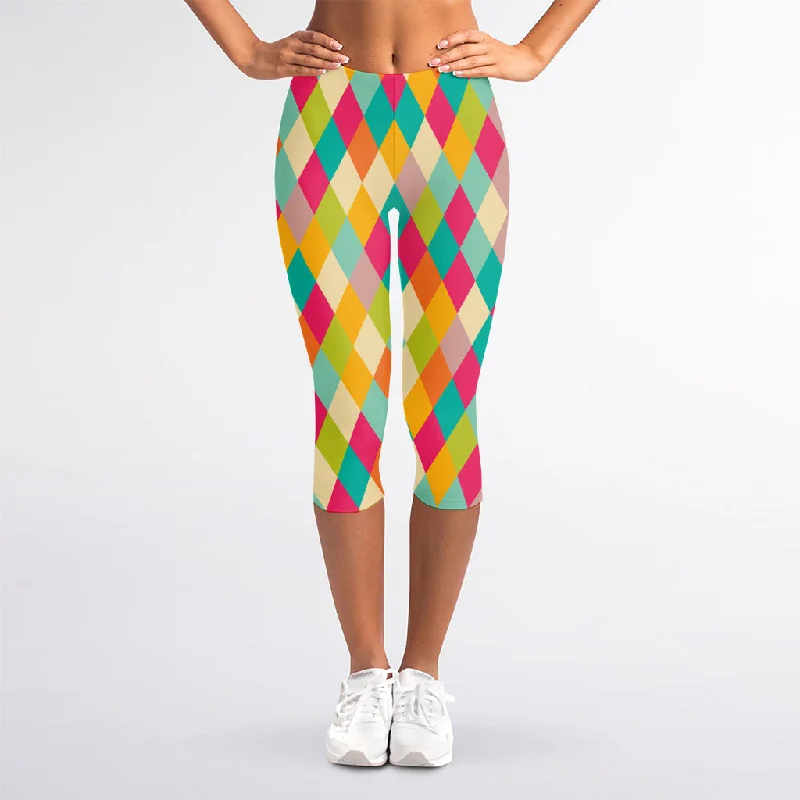 Now or Never Retro Harlequin Pattern Print Women's Capri Leggings