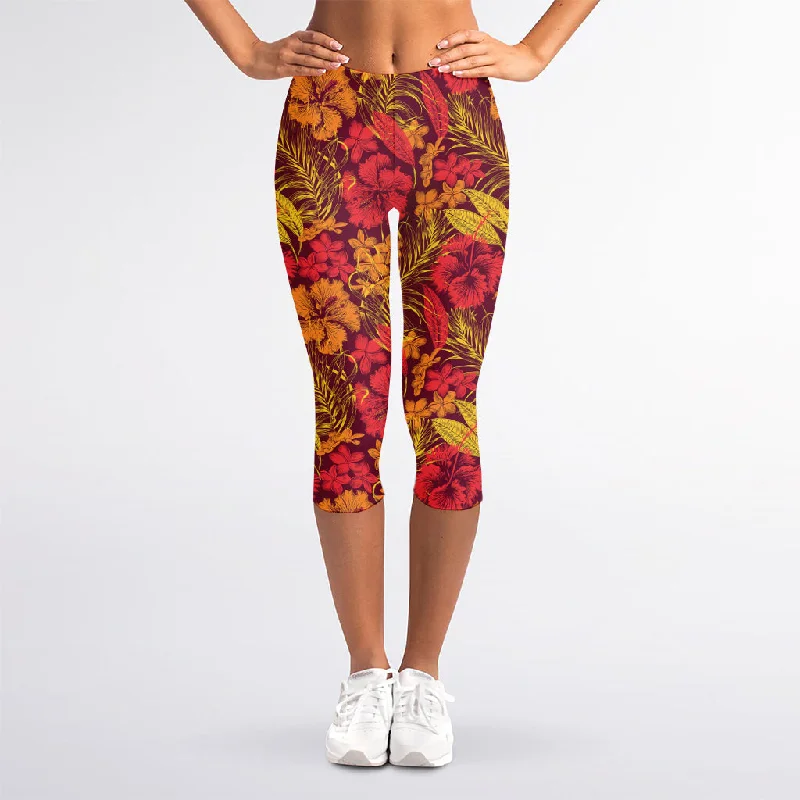 Massive Deals Retro Hawaiian Tropical Floral Print Women's Capri Leggings