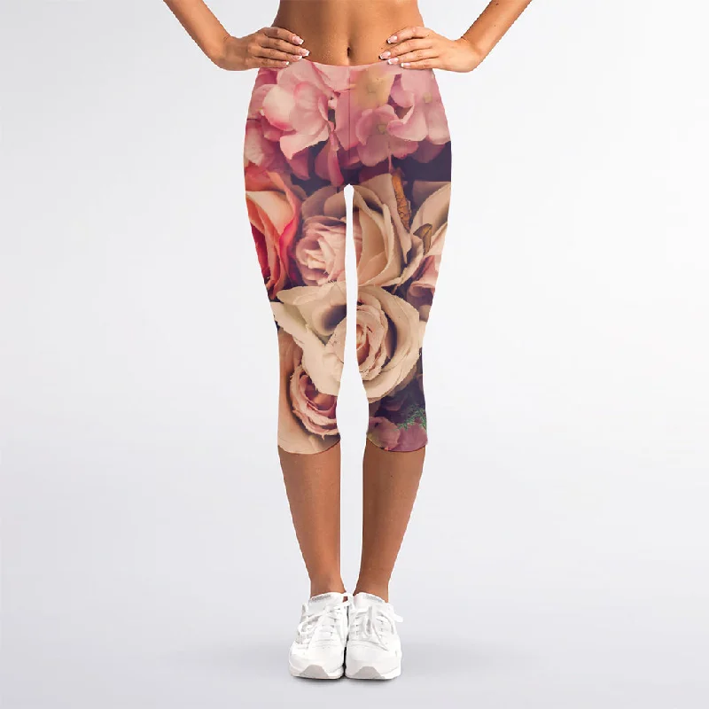 Buy Now Retro Pink Roses Floral Print Women's Capri Leggings