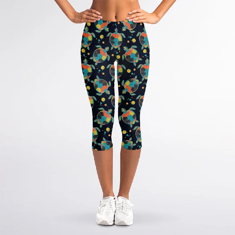Don't Wait Retro Sea Turtle Pattern Print Women's Capri Leggings
