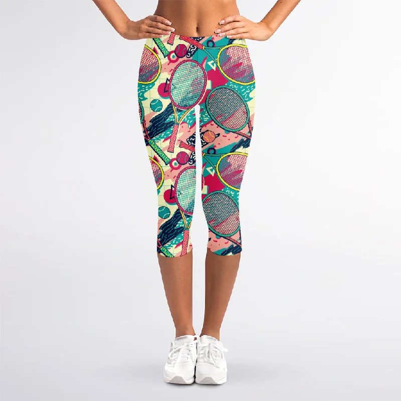 Deal Dash Retro Tennis Pattern Print Women's Capri Leggings