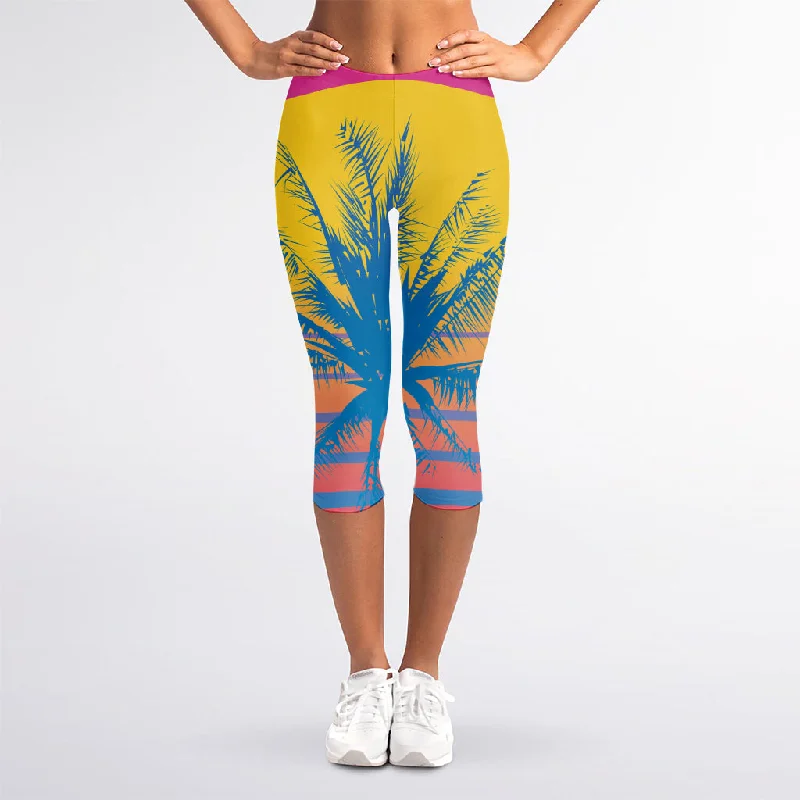 Discount Days Retrowave Sunset Palm Tree Print Women's Capri Leggings
