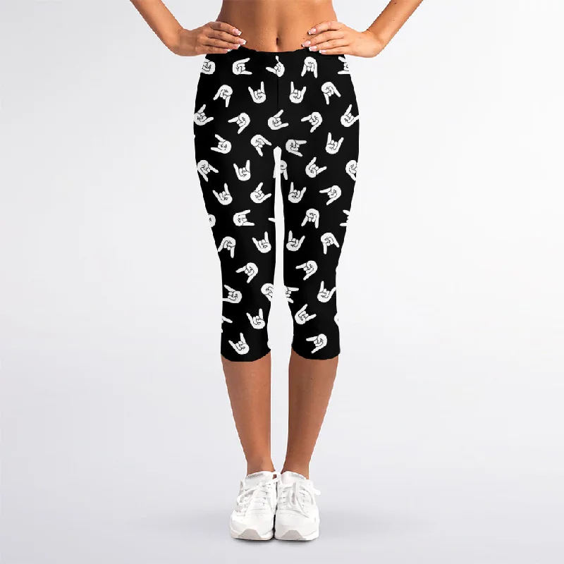 Exclusive Preview Rock And Roll Hand Sign Pattern Print Women's Capri Leggings